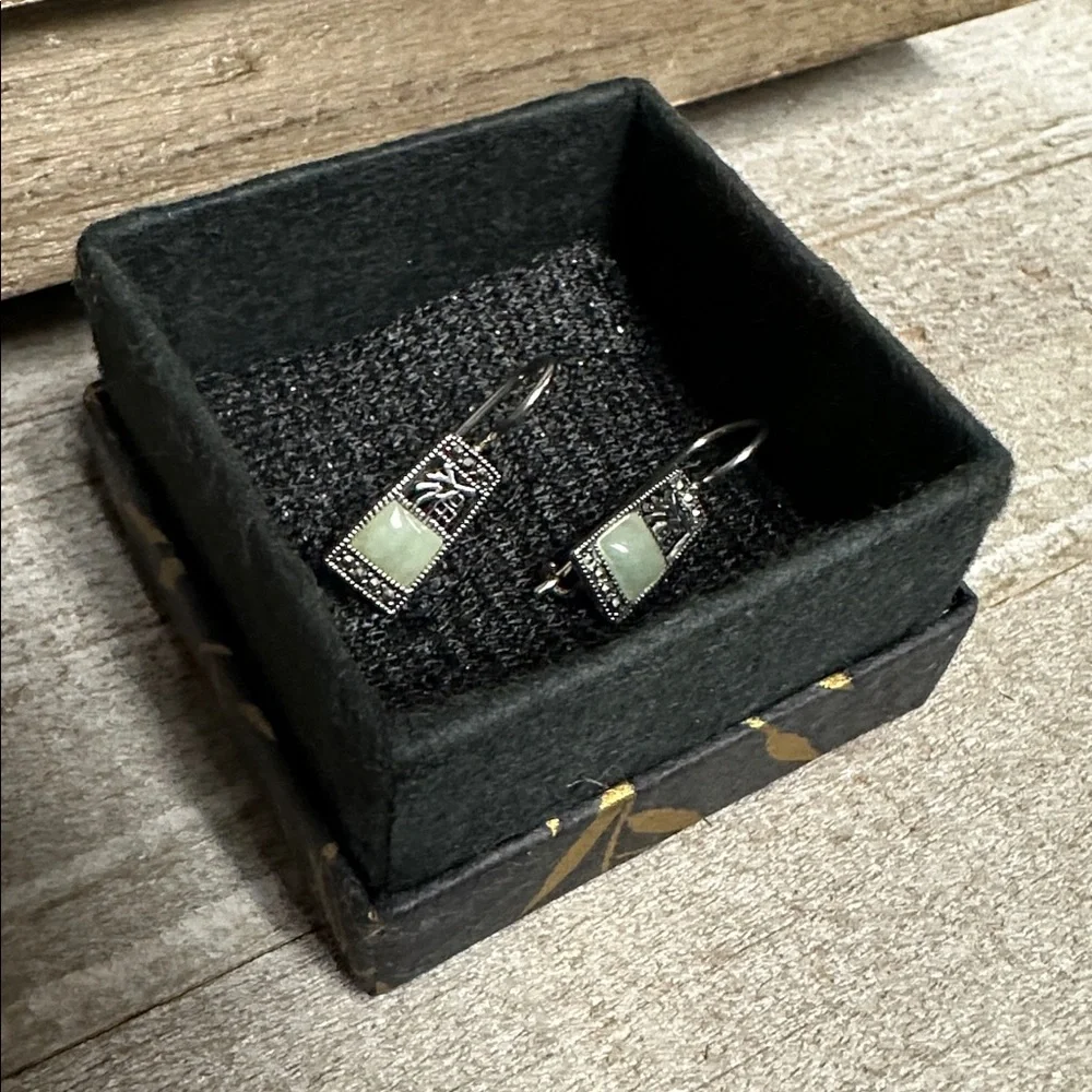 Sterling silver 925 greatshape jade green marcasite Chinese blessing earring - Picture 2 of 5